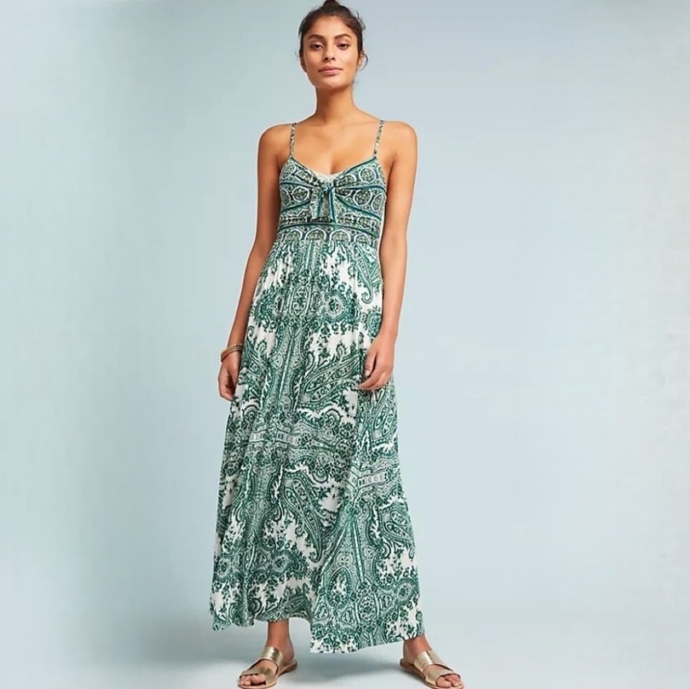 Anthropologie Green and White Paisley Maxi Dress